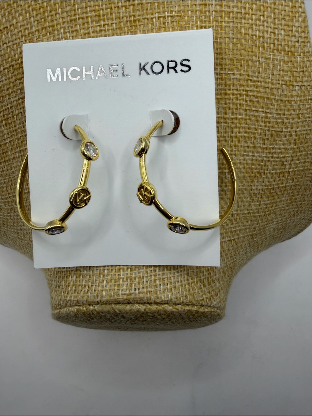 Michael Kors Gold Tone MK Logo & Crystals C-Shaped Hoop Earrings NWT MSRP $115